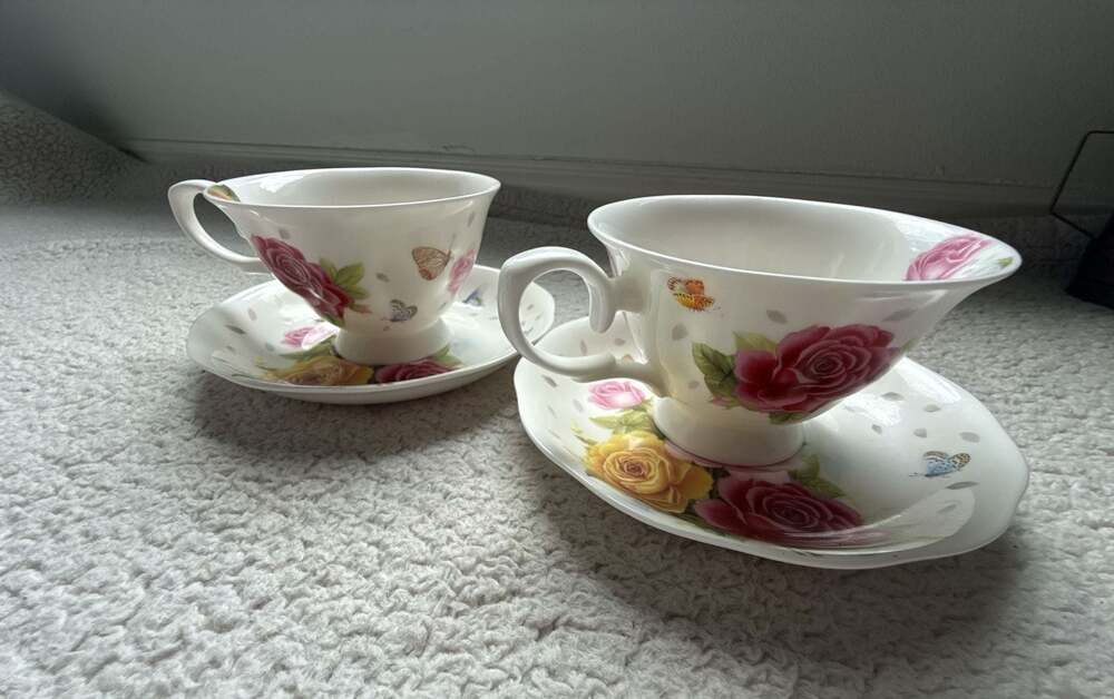 Gracie China by Coastline Imports Rose and Butterfly Floral Bone China Teacup an